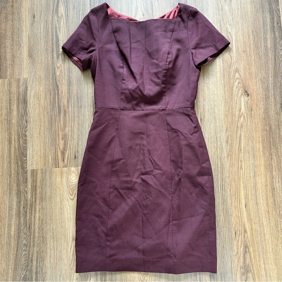 REISS Midi Dress Atlee Tailored Formal Pencil 4 Burgundy Wool Short Sleeve Lined - Picture 1 of 10